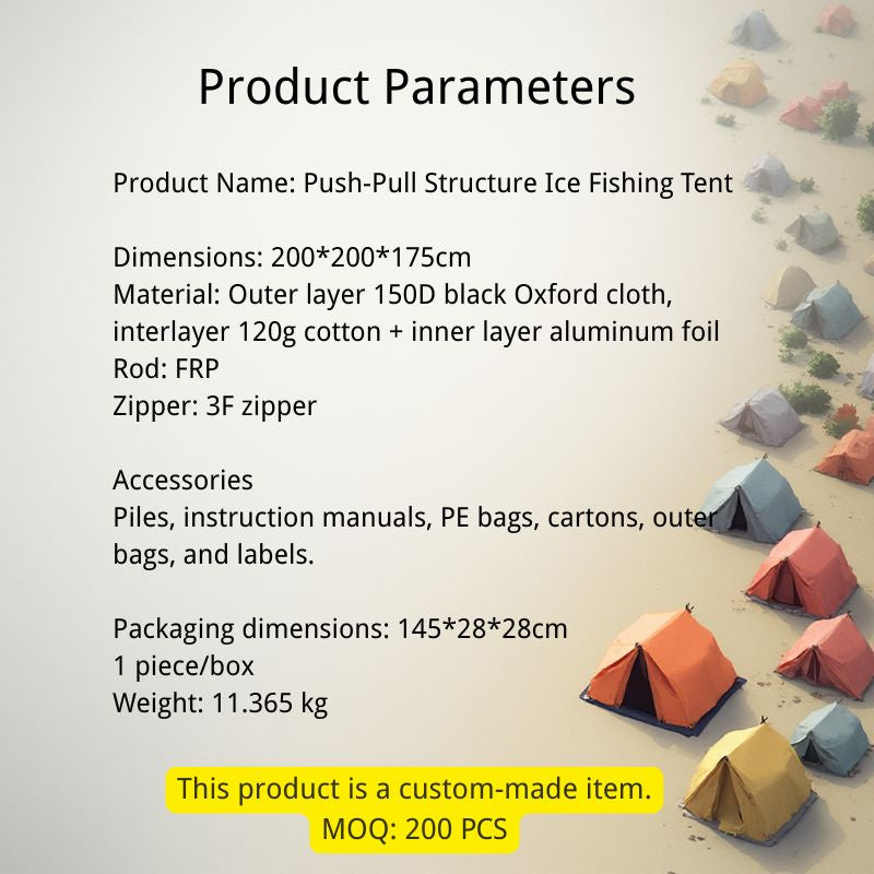 Push-Pull Structure Ice Fishing Tent with product parameters on a beach background