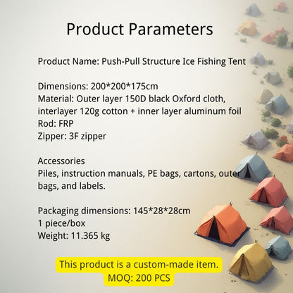 Push-Pull Structure Ice Fishing Tent with product parameters on a beach background