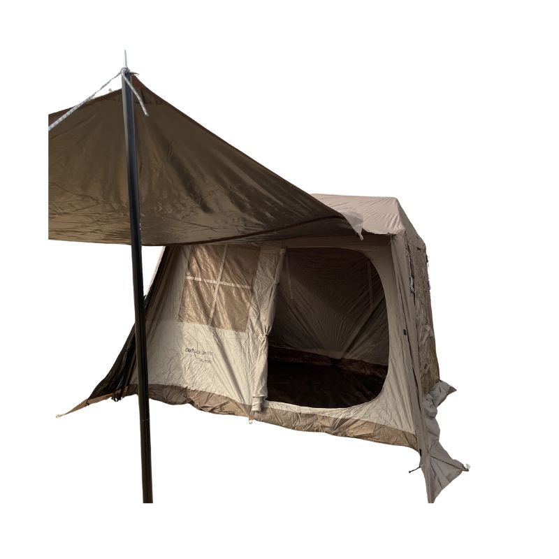 Brown camping tent with a side flap on a white background