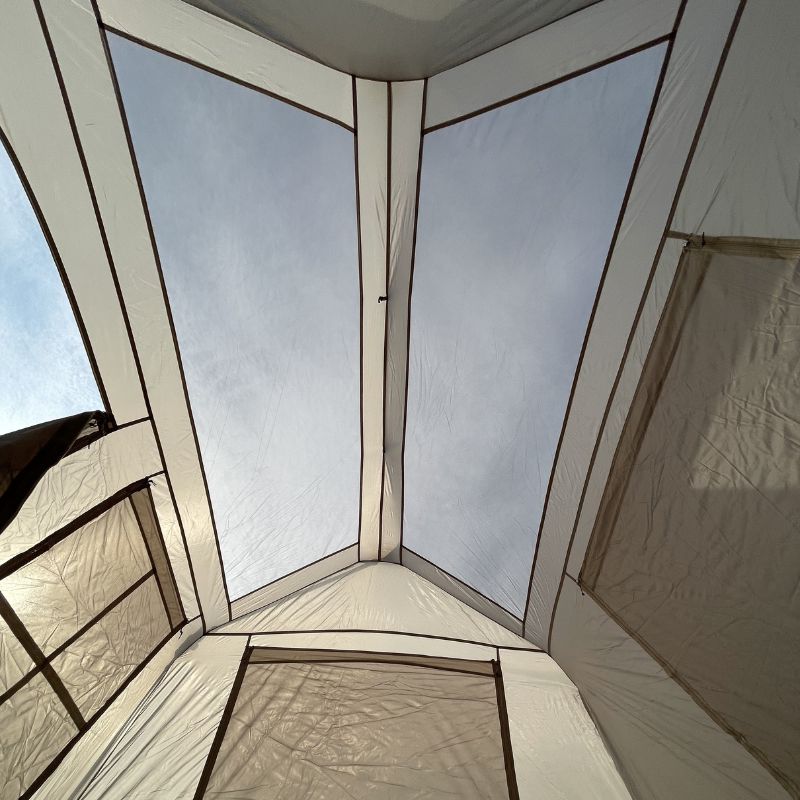 Interior of a tent with a clear view of the sky