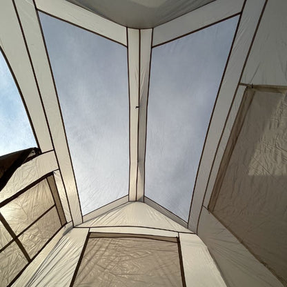 Interior of a tent with a clear view of the sky