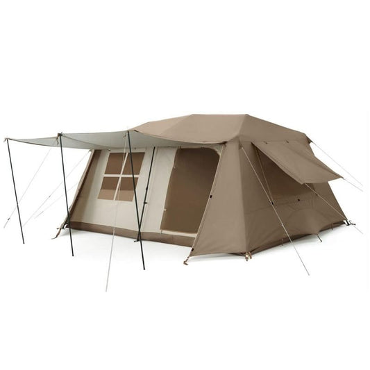 Large brown UV-proof instant cabin camping tent with silver coating, automatic telescopic poles, front awning, and spacious family design on white background