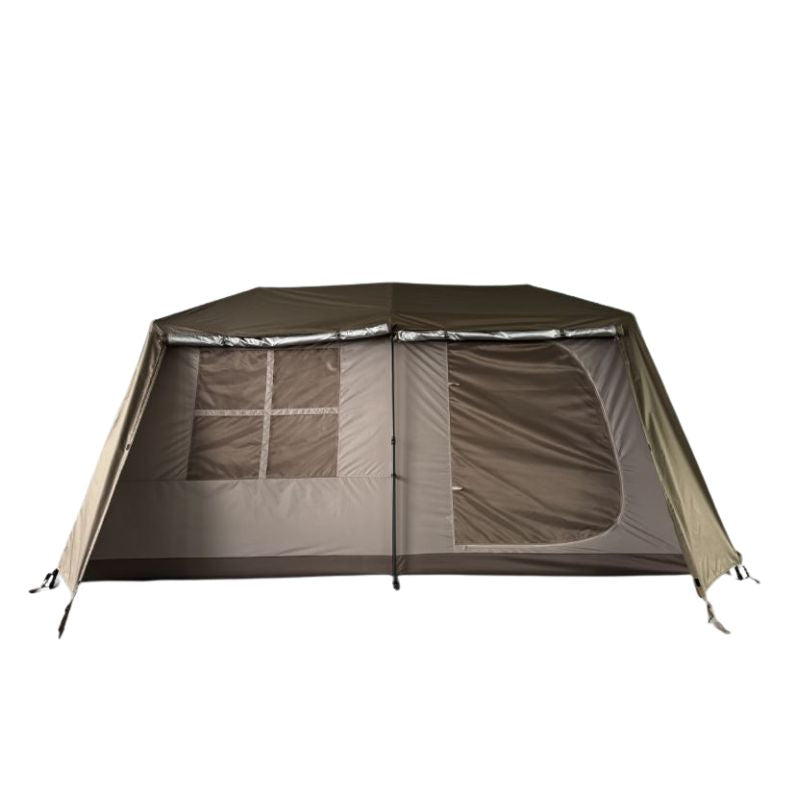 Hexagonal camping tent with mesh sides on a white background