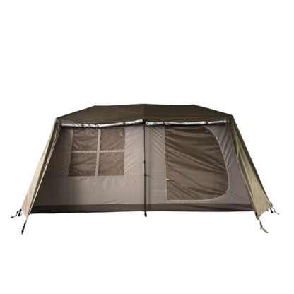 Hexagonal camping tent with mesh sides on a white background
