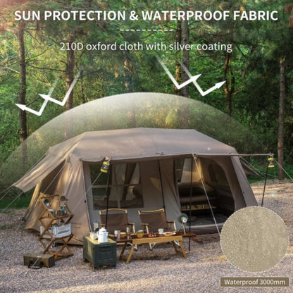 Camping tent with sun protection and waterproof fabric features, set against a forest background.