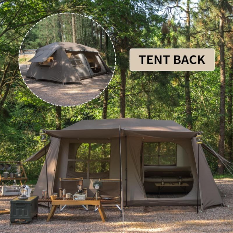 Large camping tent with interior view in a forest setting