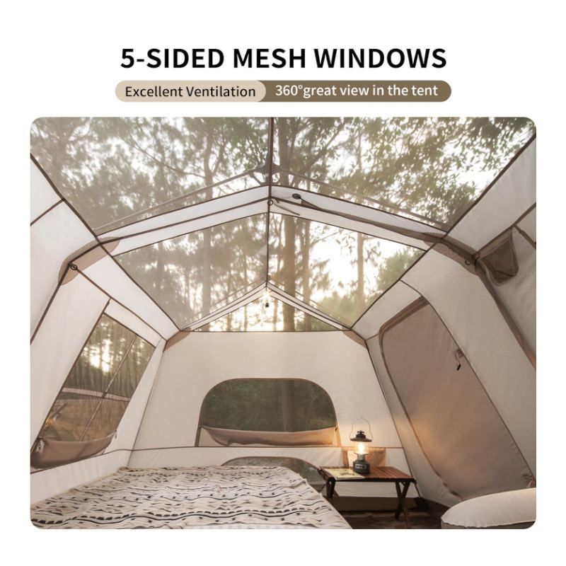 Camping tent with 5-sided mesh windows showing interior and view of trees outside.