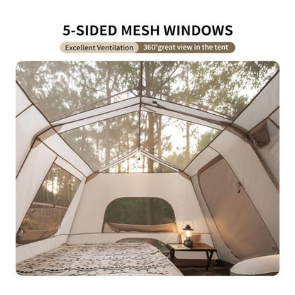 Camping tent with 5-sided mesh windows showing interior and view of trees outside.