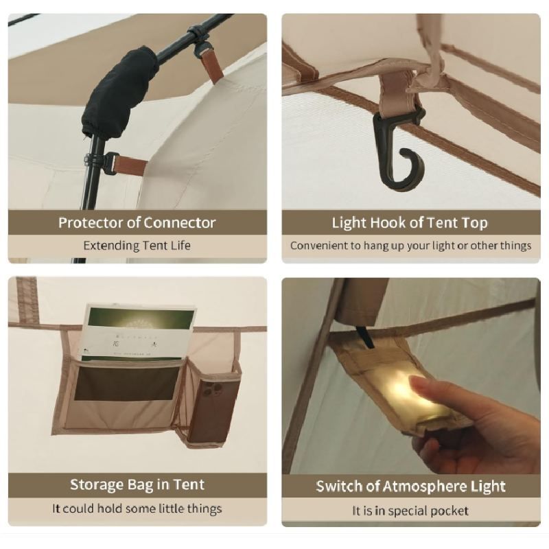 Collage of features including a protector of connector, light hook, storage bag, and switch of atmosphere light for a tent.