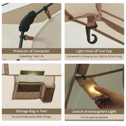 Collage of features including a protector of connector, light hook, storage bag, and switch of atmosphere light for a tent.