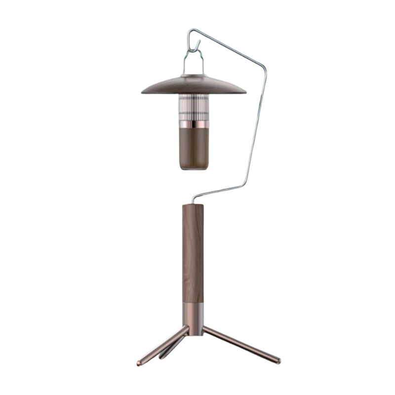 Portable walnut-finish LED tent light suspended from a silver metal hook stand with a tripod base on a white background.