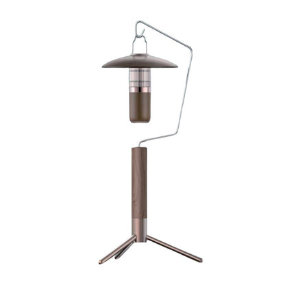 Portable walnut-finish LED tent light suspended from a silver metal hook stand with a tripod base on a white background.