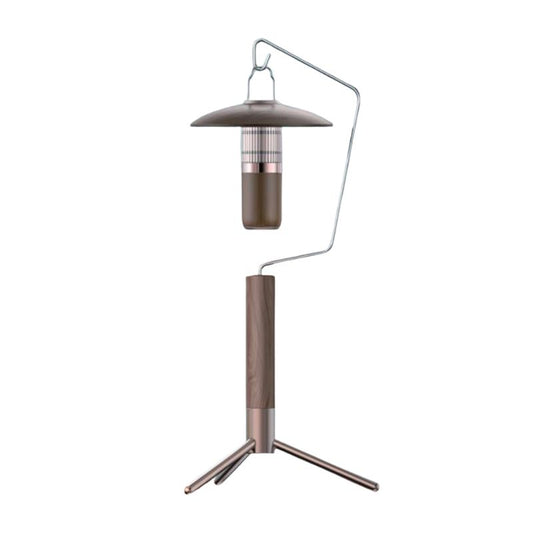 Portable walnut-finish LED tent light suspended from a silver metal hook stand with a tripod base on a white background.