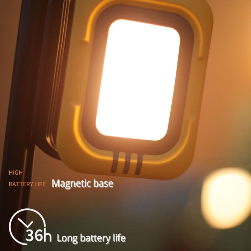 Close-up of a light bulb with text highlighting 'Magnetic base' and 'Long battery life' on a blurred background.