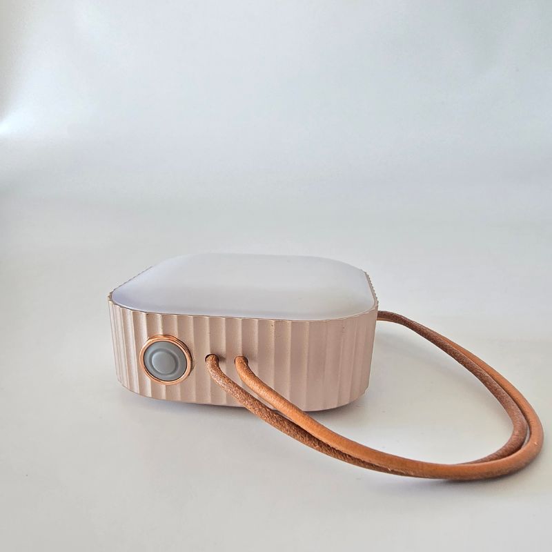 Small electronic device with a leather strap on a white background