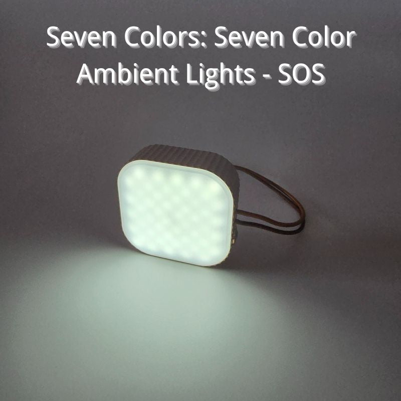 Seven color ambient light device on a dark background with text indicating its features.