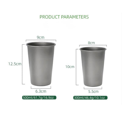 Two metal cups with dimensions and volume labels on a white background