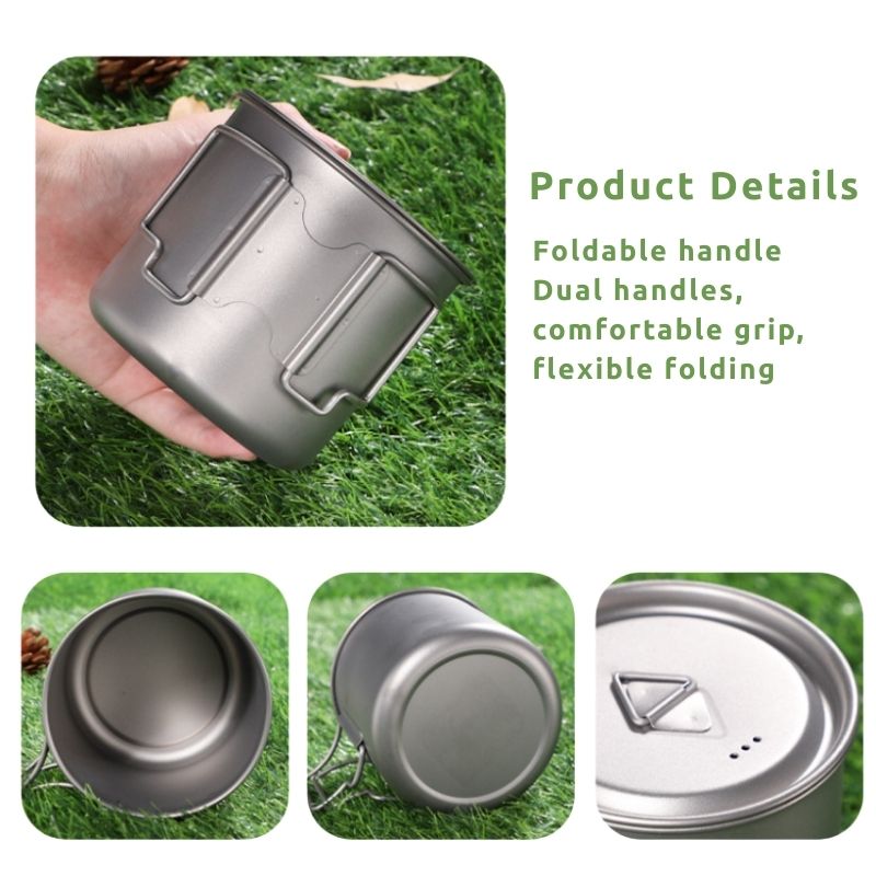 Metal camping cup with dual handles held by a hand on grass, product details text overlay.