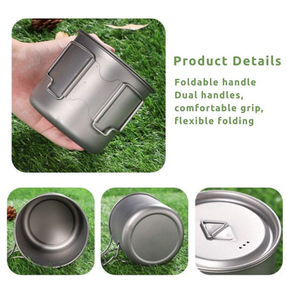 Metal camping cup with dual handles held by a hand on grass, product details text overlay.