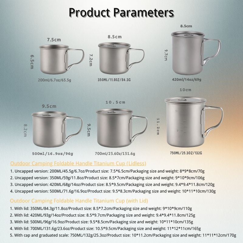 Product parameters of titanium mugs with dimensions and capacities listed.