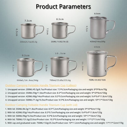 Product parameters of titanium mugs with dimensions and capacities listed.