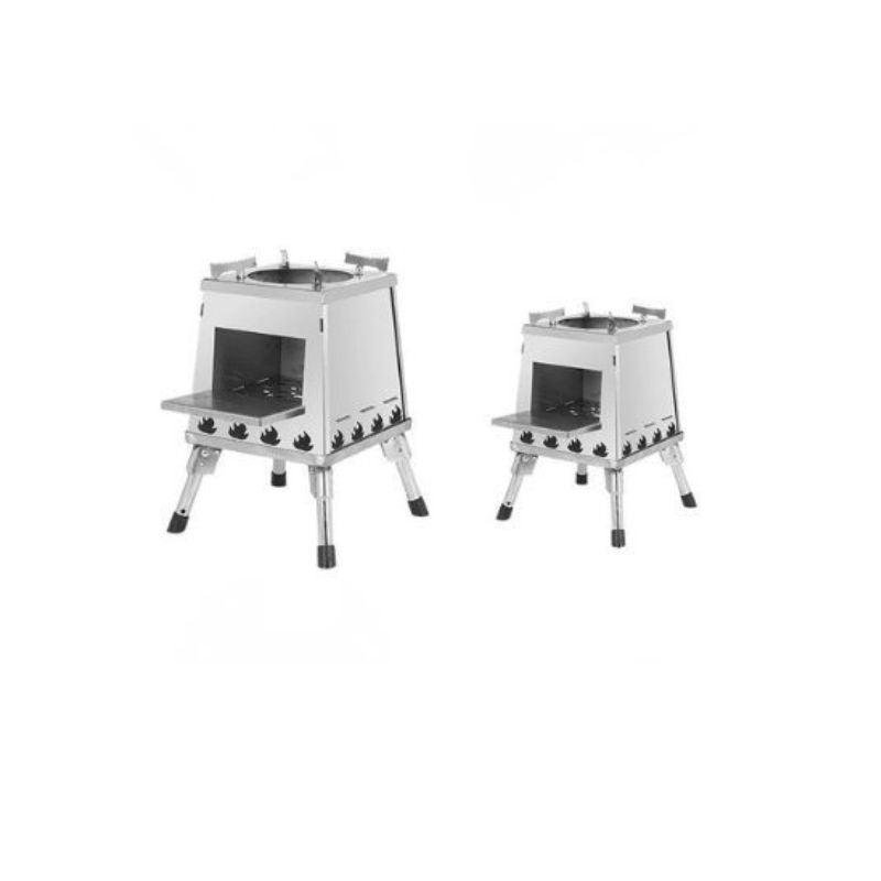 Two portable stoves on stands with multiple burners on a white background