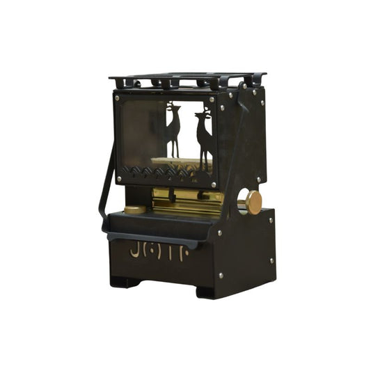Black and brass kerosene lantern stove with deer silhouette cutouts for camping illumination and cooking on white background