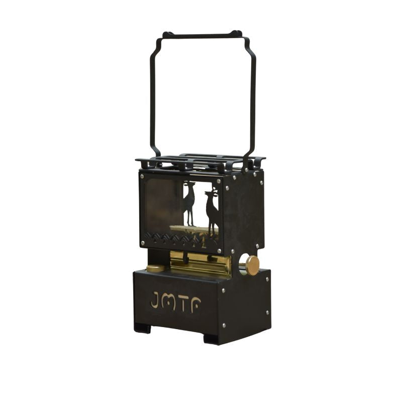 Portable 2-in-1 kerosene camp stove and lantern in black stainless steel with artistic deer design and bright lighting feature

