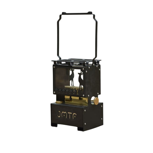 Portable 2-in-1 kerosene camp stove and lantern in black stainless steel with artistic deer design and bright lighting feature

