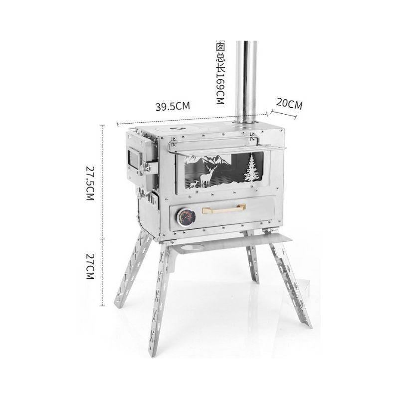 Stainless steel outdoor wood burning stove with built-in oven chamber, wildlife deer silhouette glass door, temperature gauge, and long chimney on white background