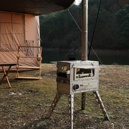 Premium 201 stainless steel camping wood stove with integrated oven, scenic deer and mountain cutout viewing window, and 162cm chimney pipe

