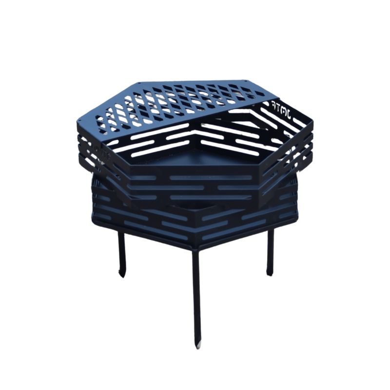 Black carbon steel portable octagonal fire pit with detachable split design, mesh grill top, and collapsible legs on white background