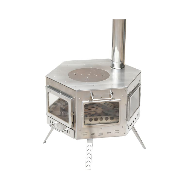Premium stainless steel hexagonal tower wood stove with five-sided high-temperature microcrystalline glass panels, chimney pipe, and large cooking surface on white background