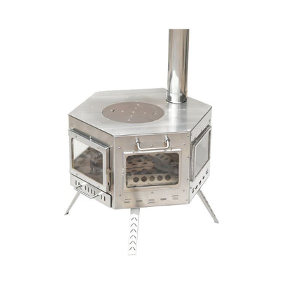 Premium stainless steel hexagonal tower wood stove with five-sided high-temperature microcrystalline glass panels, chimney pipe, and large cooking surface on white background
