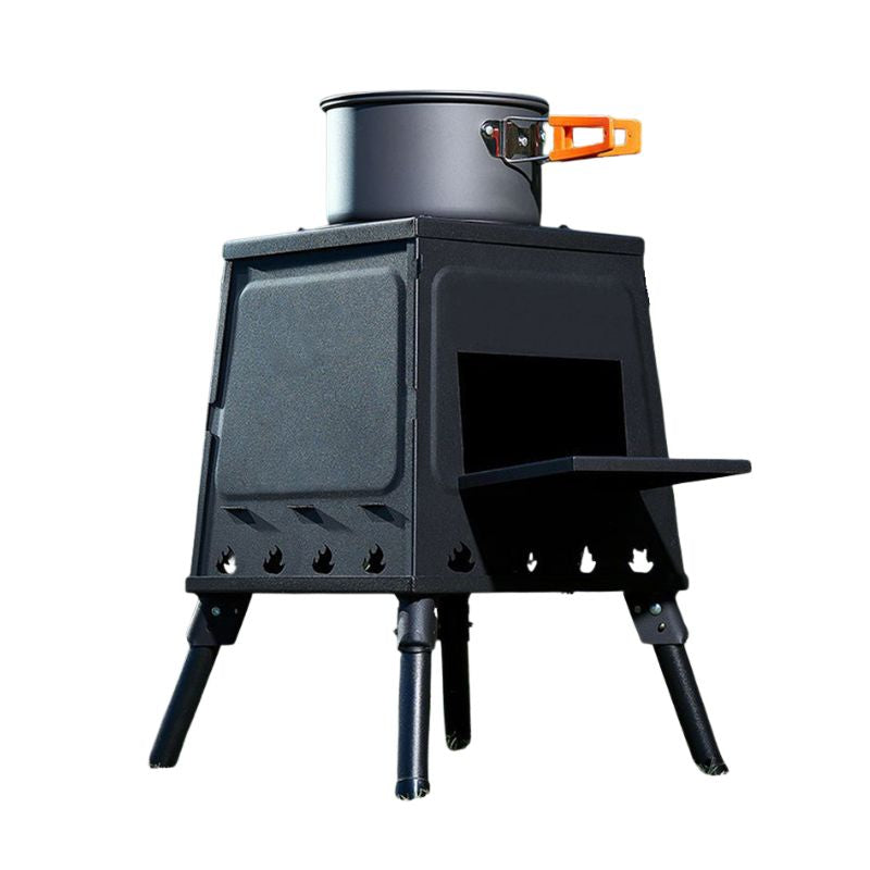 Black camping stove with pot on a white background