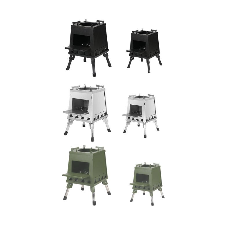 Set of six portable stoves in different colors on a white background