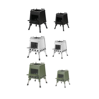Set of six portable stoves in different colors on a white background