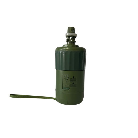 Green water filter bottle with a strap on a white background
