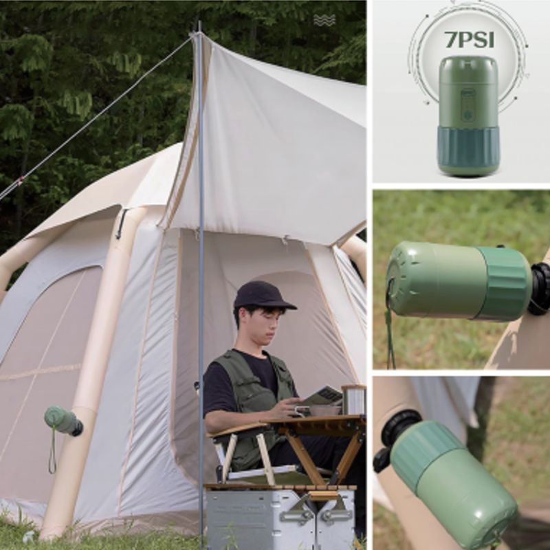 Camping scene with a tent and person using a portable device, accompanied by images of a green camping pump.