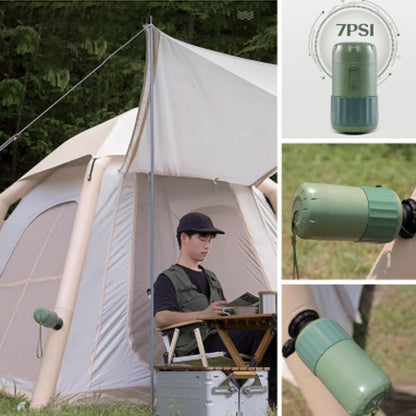 Camping scene with a tent and person using a portable device, accompanied by images of a green camping pump.
