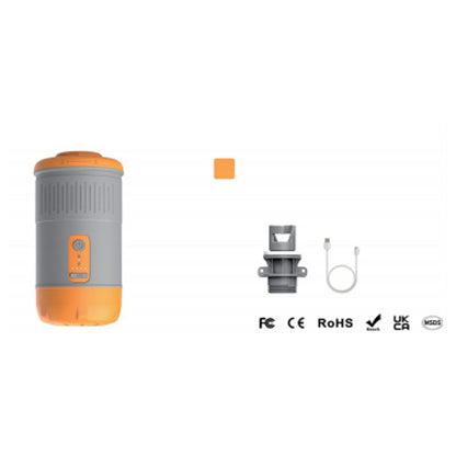 Gray and orange portable coffee maker with accessories on a white background