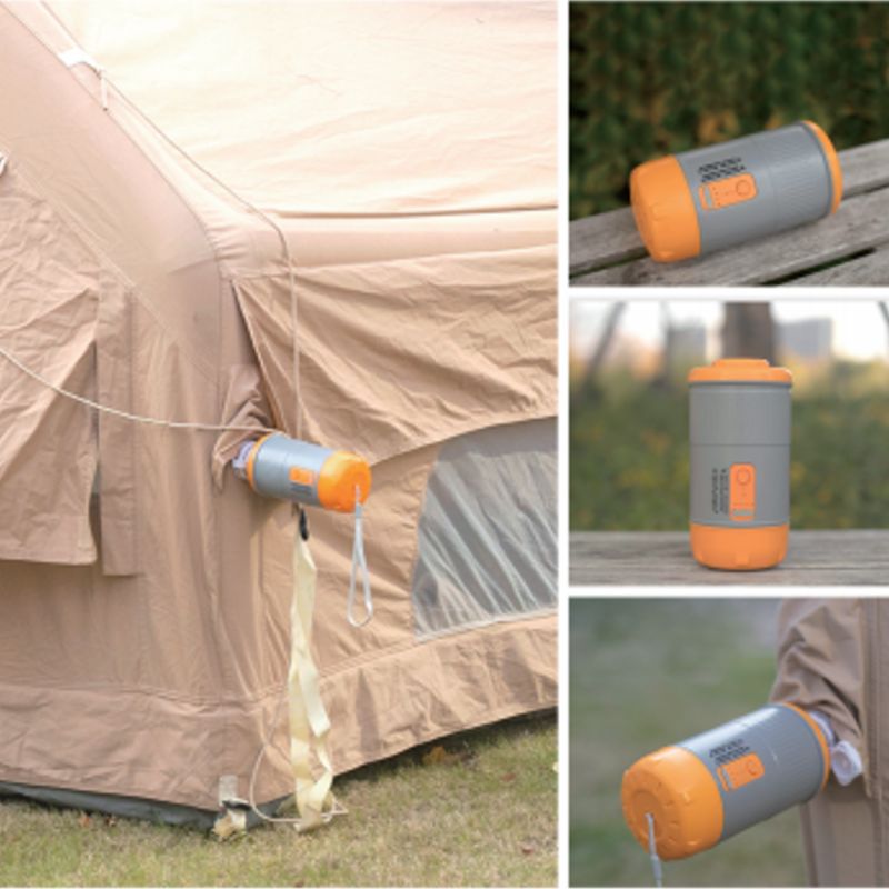 Collage of a camping tent with a water container attached, showing different angles.