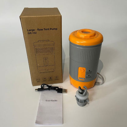 Orange and gray tent pump with packaging, user guide, and USB cable on a white background