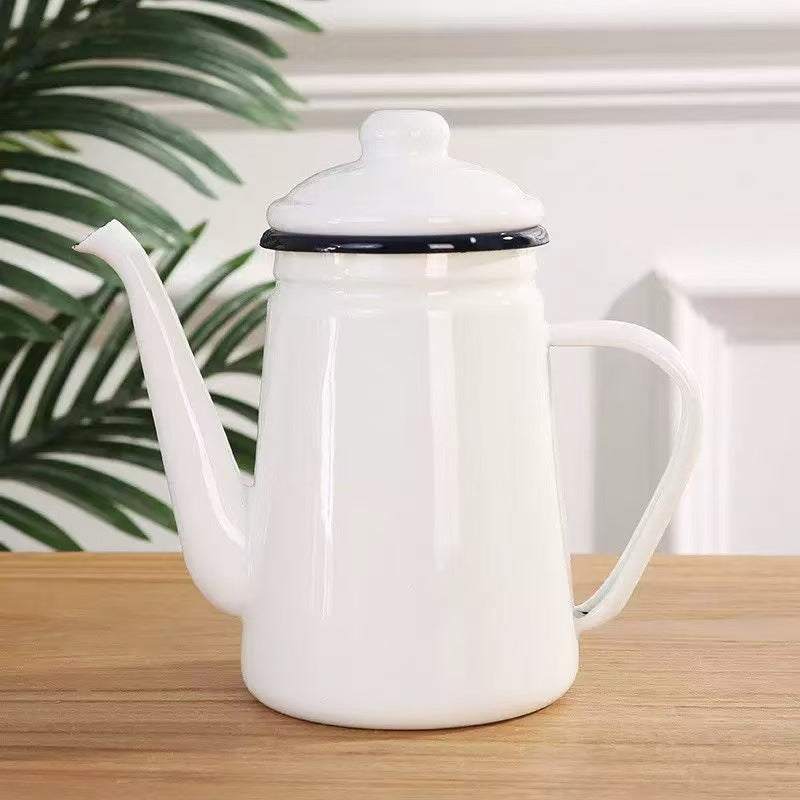 Vintage 1.1L Enamel Gooseneck Coffee Kettle Pot for Outdoor Camping & Home Pour-Over