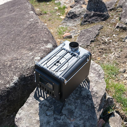 Portable stove on a rock with natural outdoor background
