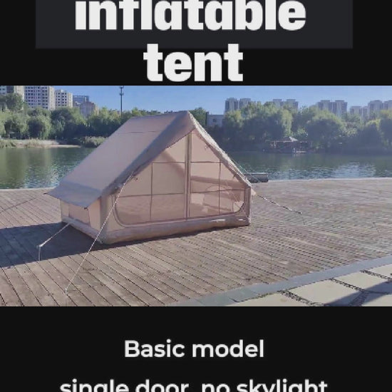 Beige 4-6 person ultralight 6.3㎡ inflatable tent basic single door model on wooden deck by lake glamping scene