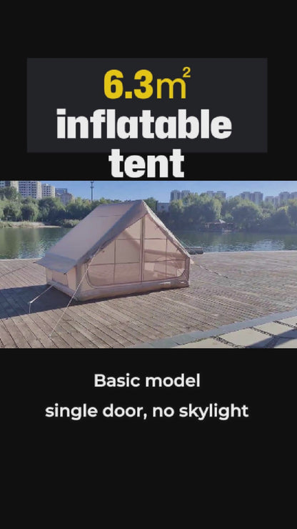 Beige 4-6 person ultralight 6.3㎡ inflatable tent basic single door model on wooden deck by lake glamping scene