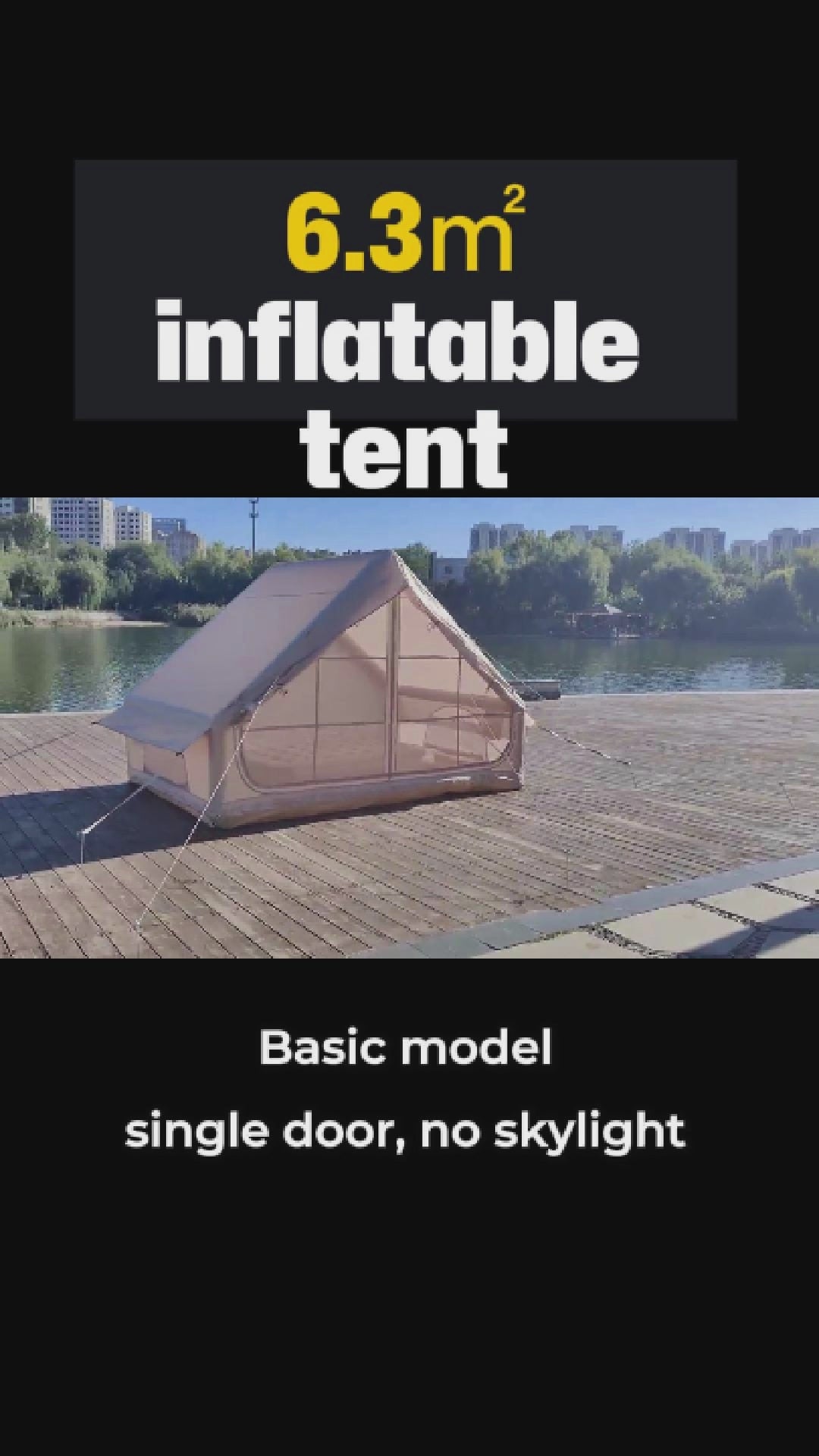 Beige 4-6 person ultralight 6.3㎡ inflatable tent basic single door model on wooden deck by lake glamping scene