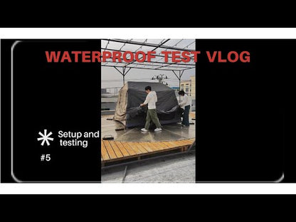 Video thumbnail showing two people setting up a brown blackout instant ridge cabin tent for waterproof testing on a rooftop