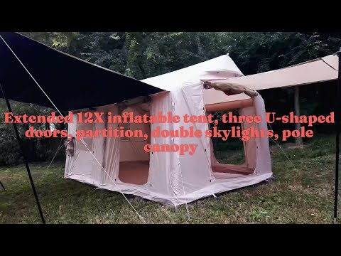 Premium 12 square meter inflatable glamping tent featuring huge pole-supported front canopy (3×4m cyclorama curtain), three full U-shaped doors, internal partition, double skylights, 420D oxford + PVC groundsheet, ultra-stable 15cm air beams – perfect 8-10 person luxury family air tent for camping and festivals – Boertala 2025